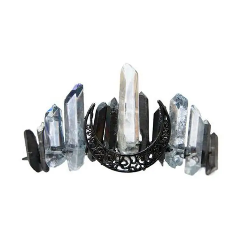 Handmade Faux Raw Crystal Headband Contrast Color Quartz Black Moon Bridal Tiara Crown Halloween Angel Aura Hair Hoop