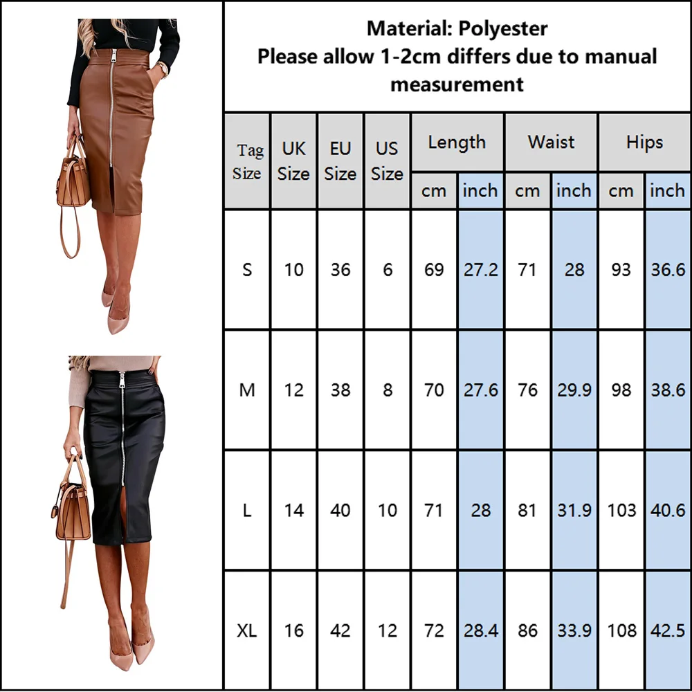 

Elegant Faux Leather Woman Skirts Front Zipper Midi Skirt Sexy High Waist Split PU Leather Skirts Pocket Wrap Hip Bodycon Skirt