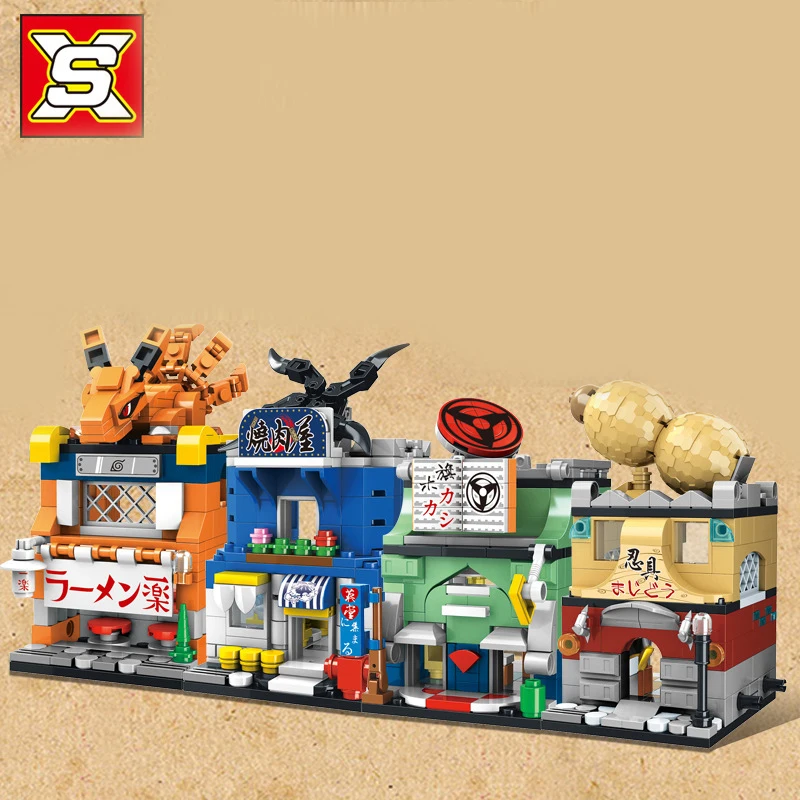 

4 In1 Japan Anime Narutoed City Street View Building Blocks Architecture House Retail Store Shop Model Bricks Toys for Children