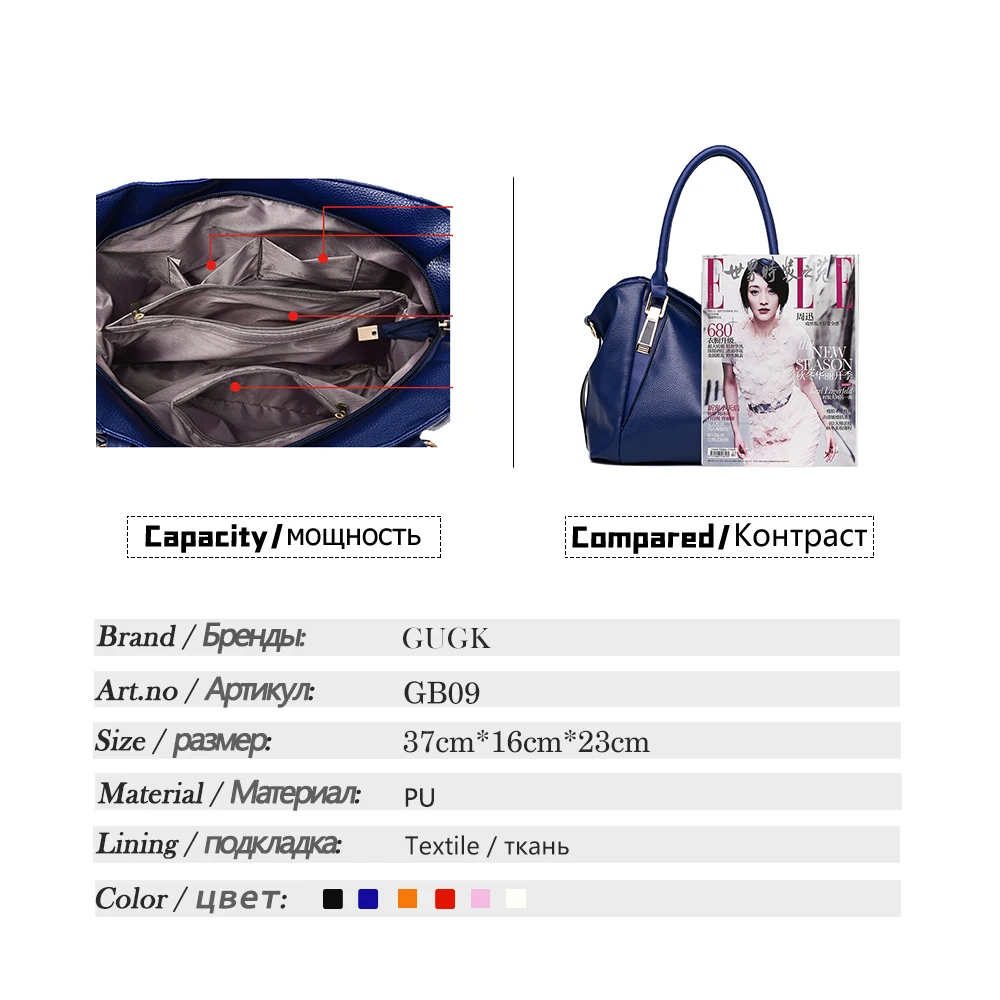 

GUGK Brand fine texture handbags woman soft high quality pu leather superior practical handbags woman zipper shoulder bags GB09