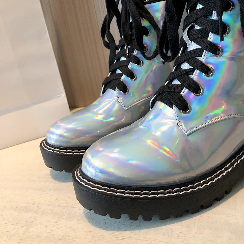 Rimocy Womens Silver Laser Patent Leather Ankle Boots Fashion Lace Up Thick Platform Shoes Woman Mid Heel Motorcycle Mujer |