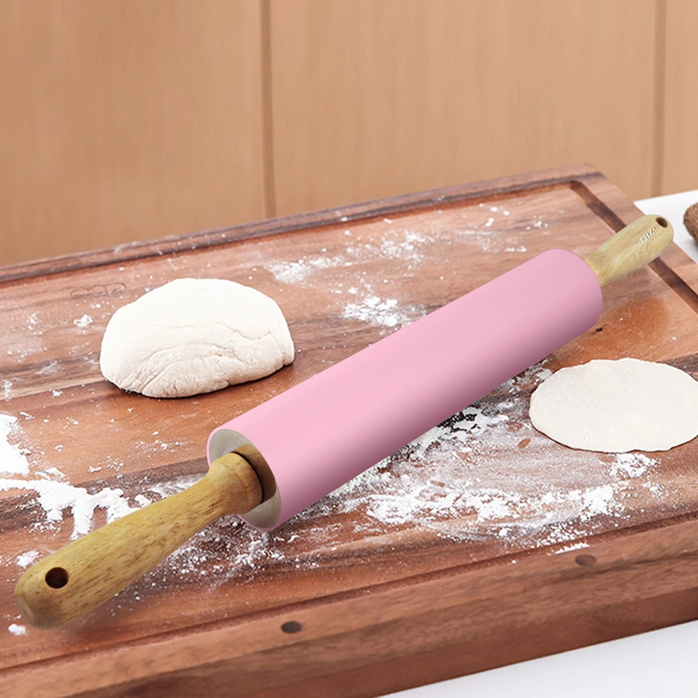 

EHZ Rolling Pin 18.9 Inch Stainless Steel Silicone Roller Wheel Bread Toast Pizza Dough Baking Non-Stick Solid Wood Handle Pink