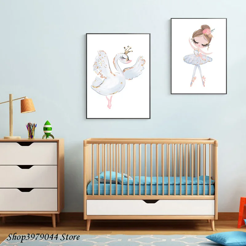 Nursery Cartoon Canvas Painting Girl Swan Minimalist Nordic Posters And Prints Wall Pictures For Baby Kids Room Decor Unframed | Дом и сад