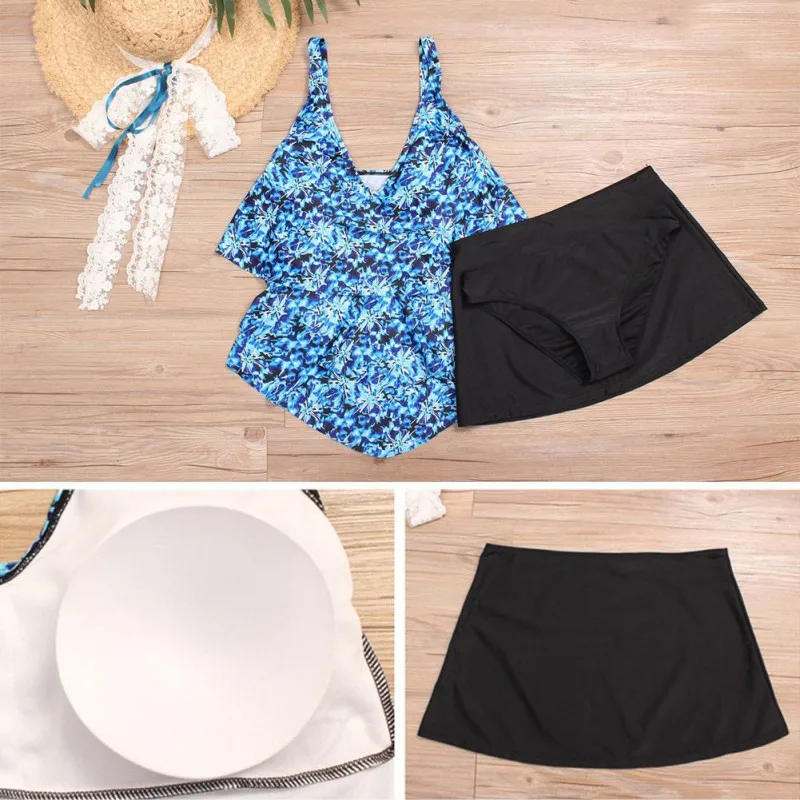 Women Oversize Swimsuit Multi Layer Ruffle Belly Covering Swimwear Three Piece Half Three Piece Bathing Swimming Suit