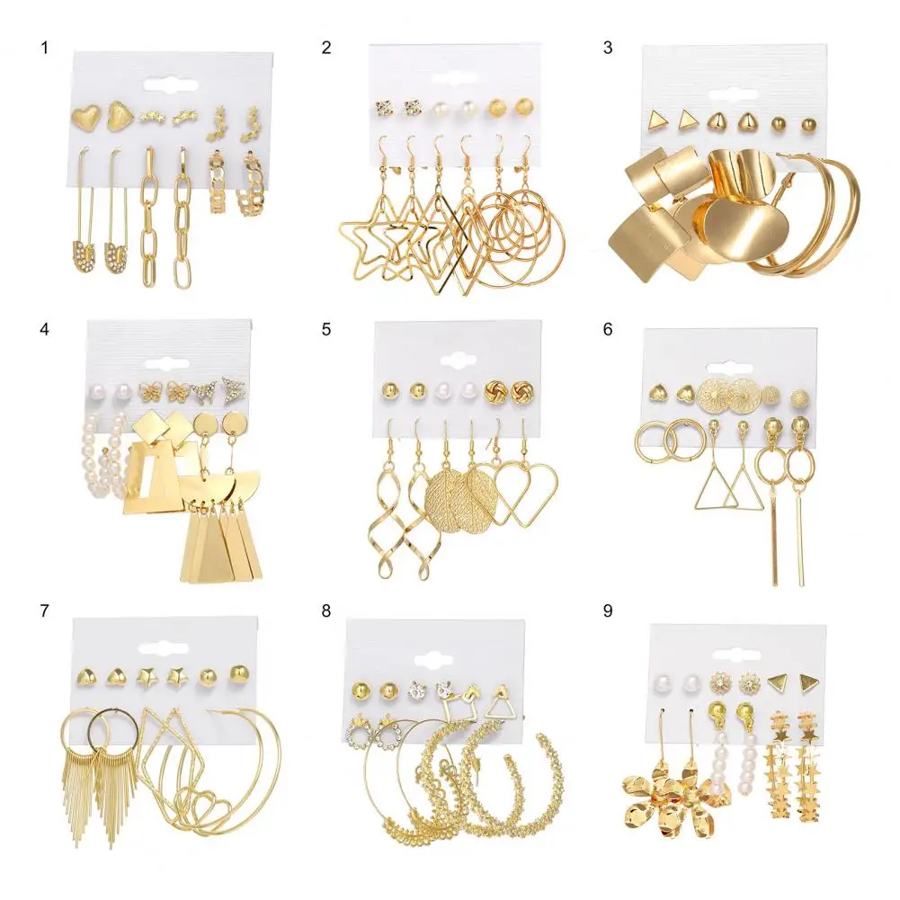 

60%HOT6 Pairs/Set Faux Pearl Rhinestone Geometric Shape Tassel Dangle Stud Earring Hoop Earring Jewelry Accessory