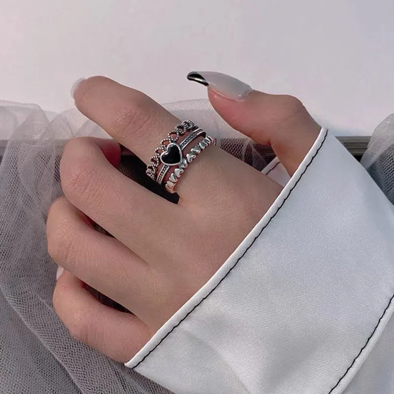 

Hiphop Rock Metal Heart Rings Set Opening Antique Silver Color Finger Accessories Buckle Joint Ring for Women Jewelry