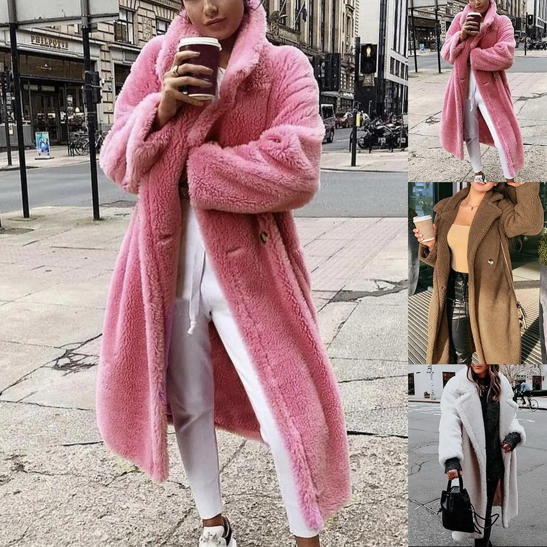 

Hot Pink Long Teddy Bear Jacket Coat Women Winter Thick Warm Oversized Chunky Outerwear Overcoat Faux Lambswool Coats