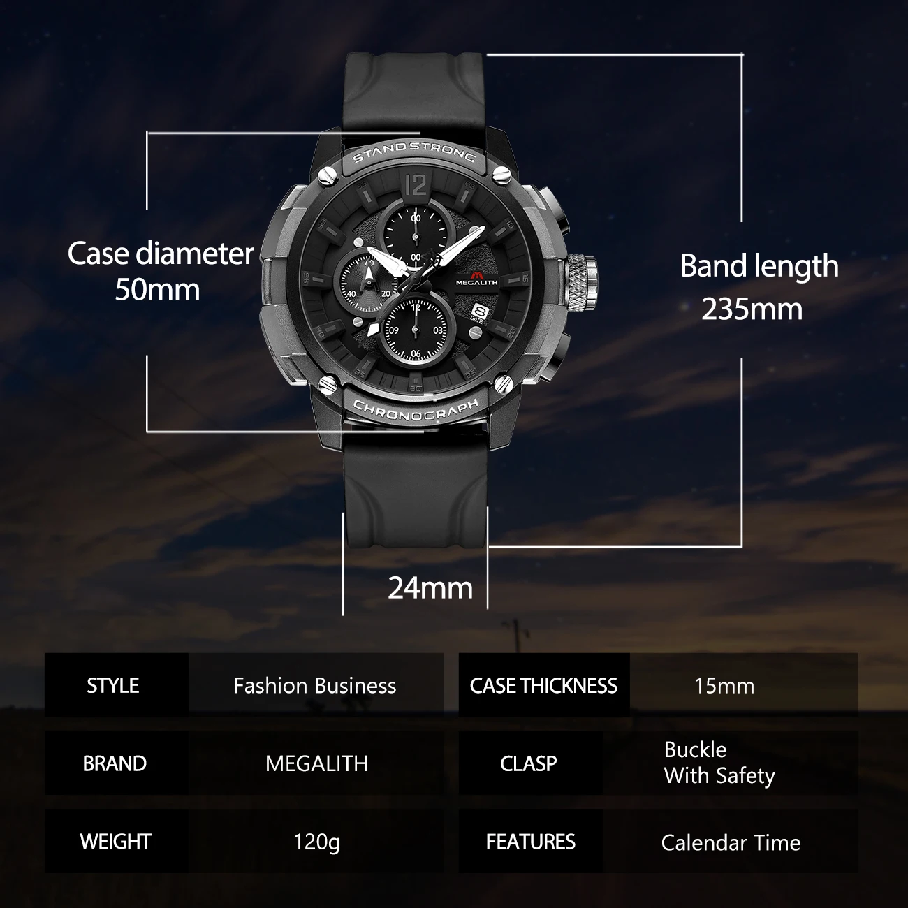 Мужские часы MEGALITH водонепроницаемые спортивные кварцевые мужские с силиконовым