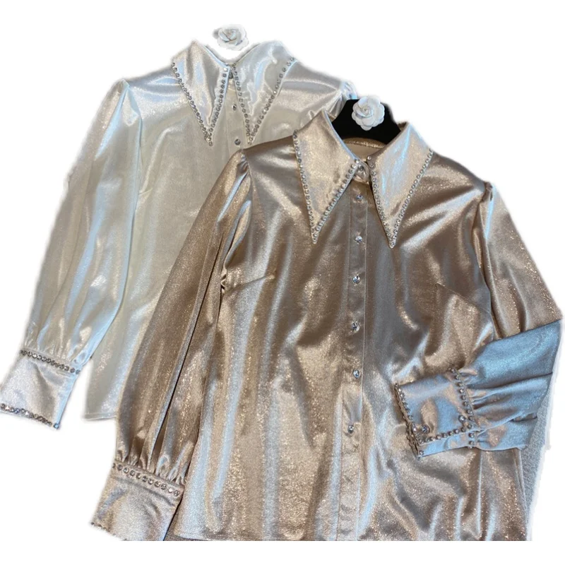 

Temperament Rhinestone Satin Shirt Top for Women 2021 Spring Turn-Down Collar Long Sleeve Blouse Lady's Blusas Nancylim