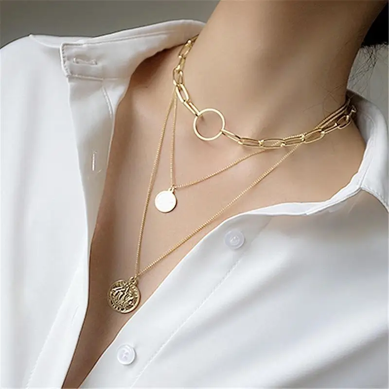 Фото Чокер XiaoboACC для женщин многослойное ожерелье с подвеской в виде монеты стиле