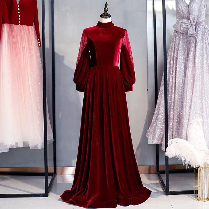 

Burgundy High Neck Full Sleeve Evening Dress A-line Floor-length Velour Bling Zipper Back Simple Party Formal Dresses Woman B146
