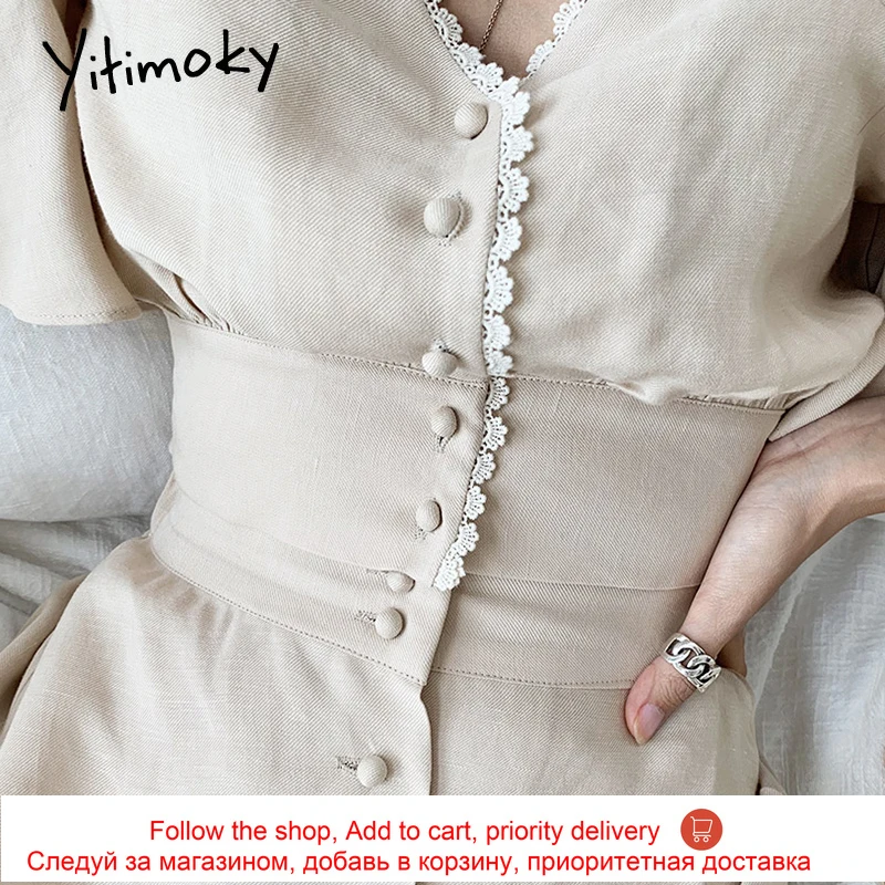 

Yitimoky 2 Piece Set Lace Button Up Shirt Short Butterfly Sleeve V-Neck High Waist Long Skirt Folds Elegant Summer 2021