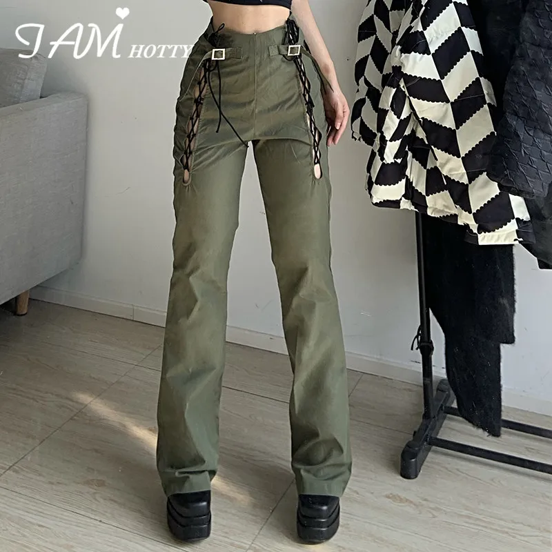 

IAMHOTTY Criss-cross Lace Up Cargo Pants Green High Waisted Baggy Sweatpants Joggers Trousers Casual Grunge Bottoms Y2K Women