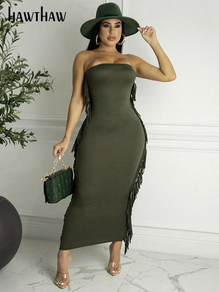 

Hawthaw Women Fashion Autumn Winter Strapless Bodycon Green Pencil Tube Long Dress 2021 Fall Clothes Wholesale Items Streetwear