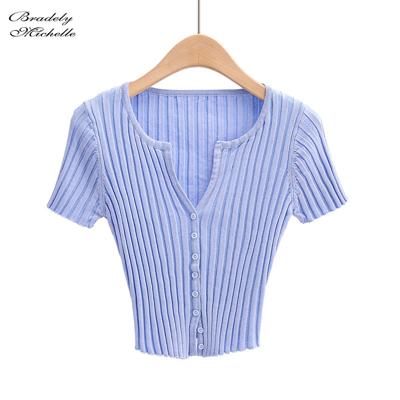 BRADELY MICHELLE Women Fashion Streetwear Short-Sleeve Cardigans with Single Breasted Big Elastic Knitted Thin Sweater Crop Tops |