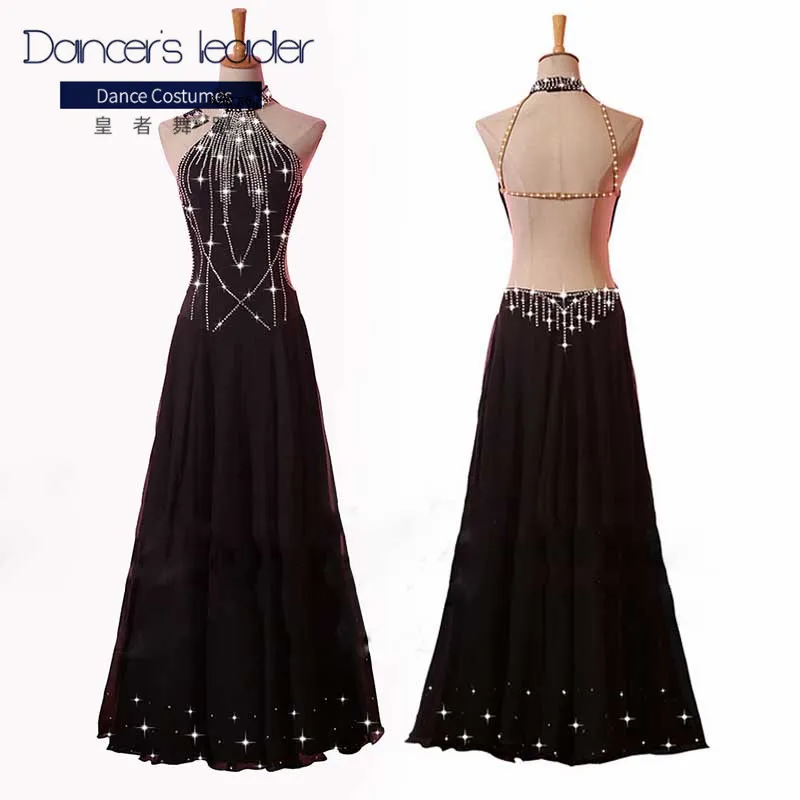 

Юбка с открытой спиной, Длинная черная танцевальная одежда для выступлений и представлений, с бриллиантами, для соревнований