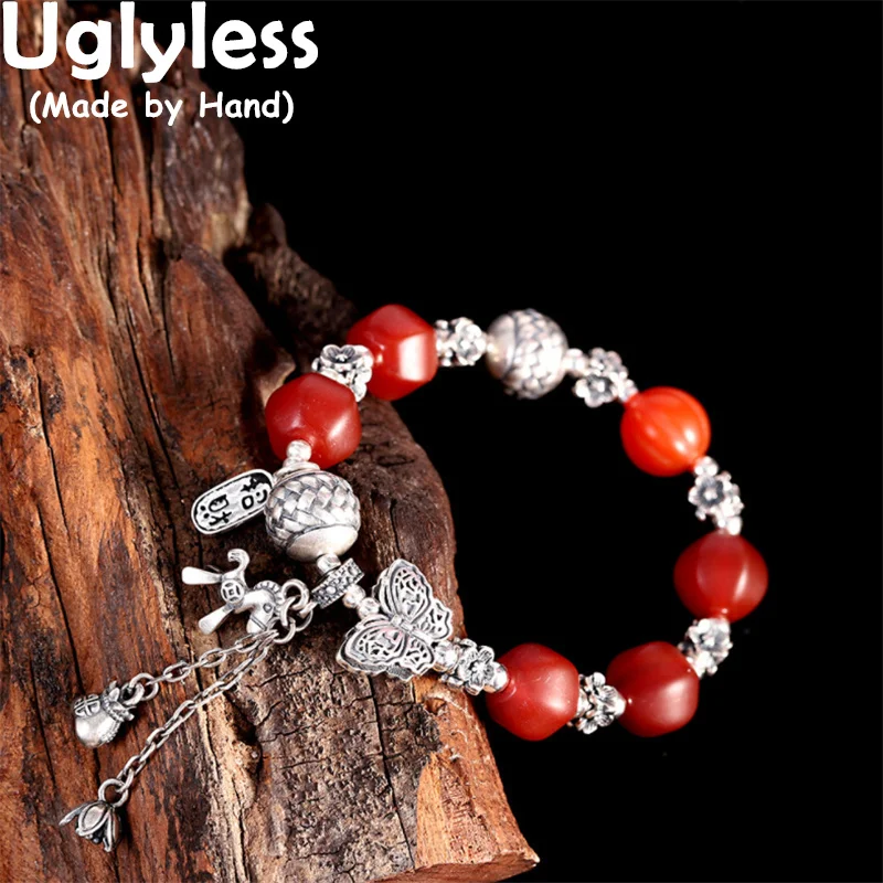 

Uglyless вставку внутрь эластичного ремешка тайский серебряный браслеты с бабочками для женщин натуральный Старый Агат бисер ювелирные издели...