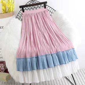 Женская шифоновая юбка с поясом на резинке, разноцветная плиссированная юбка средней длины, каскадная мягкая длинная юбка, осень 2021