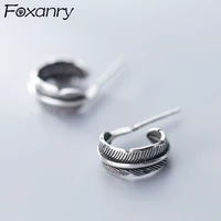 foxanry prevent allergy 925 stamp earrings for women vintage trendy elegant creative feather jewelry party accessories