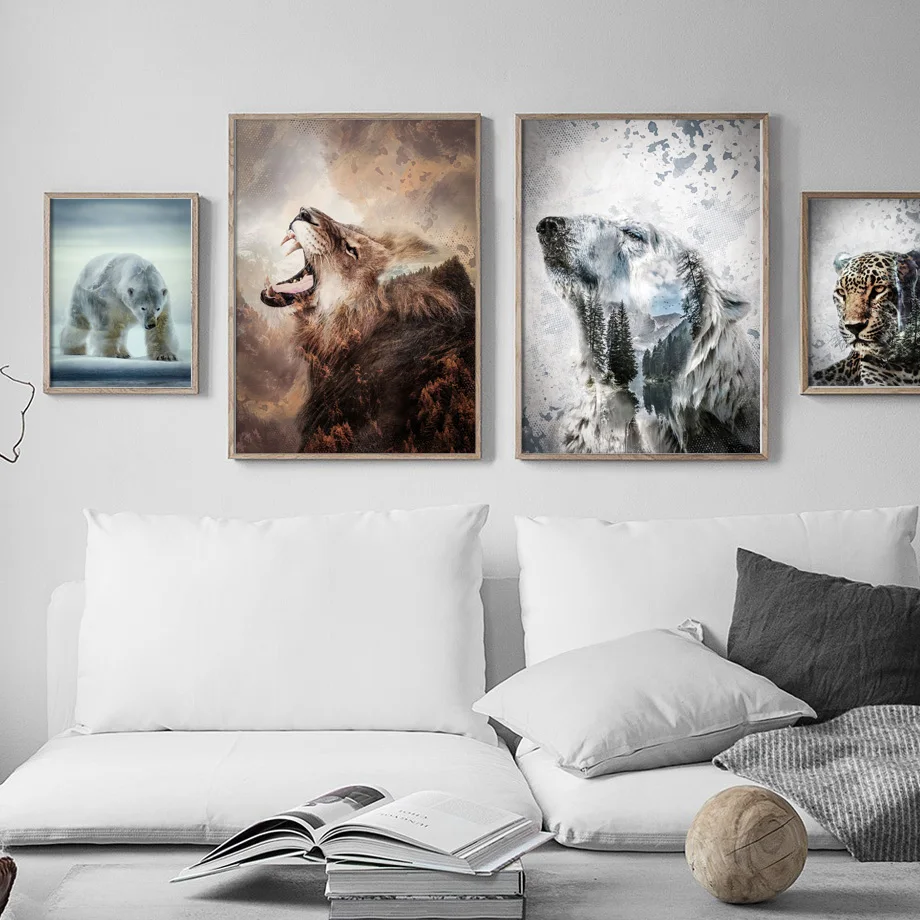 Настенная живопись на холсте абстрактный медведь лев тигр Волк лес горы