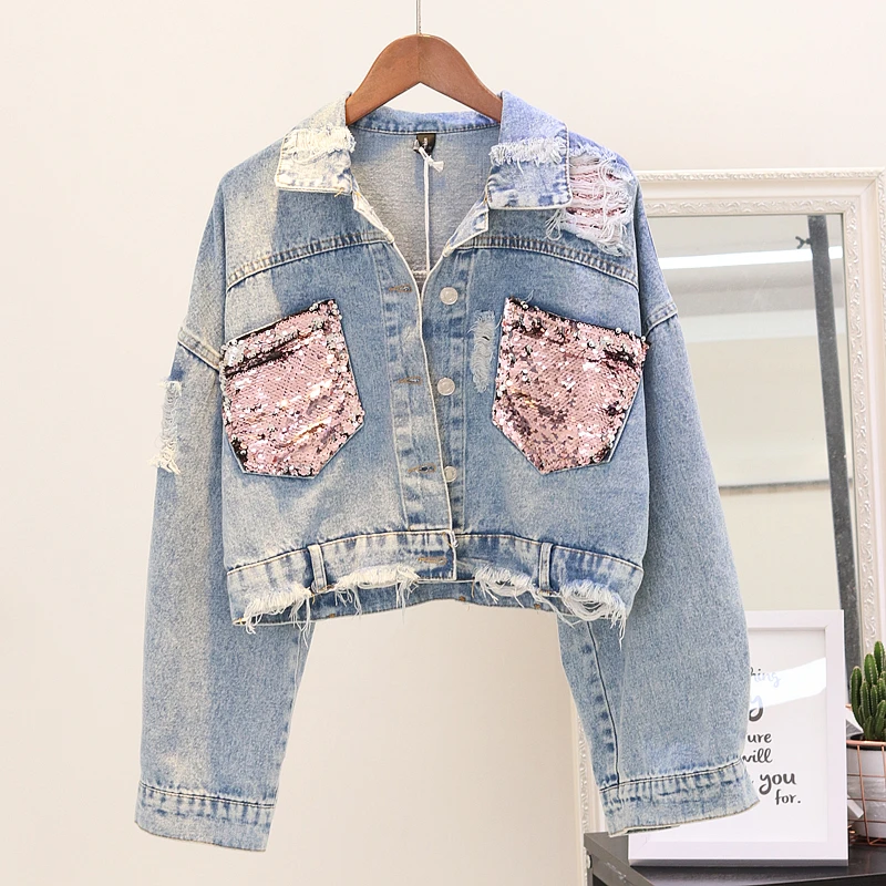 

2020 New Women Denim Jacket Long Sleeve Overcoat Fashion Sequins Jeans Jacket Female Vintage Holes Short Coat Outwear P682