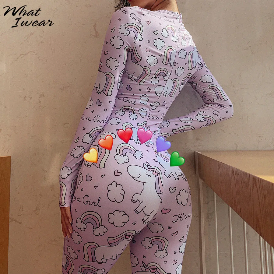 Women Cartoon Print Jumpsuits Fitness Stretchy Tracksuit Cute Rompers Fashion long sleeve Bodysuits skinny hide zipper 2020 |