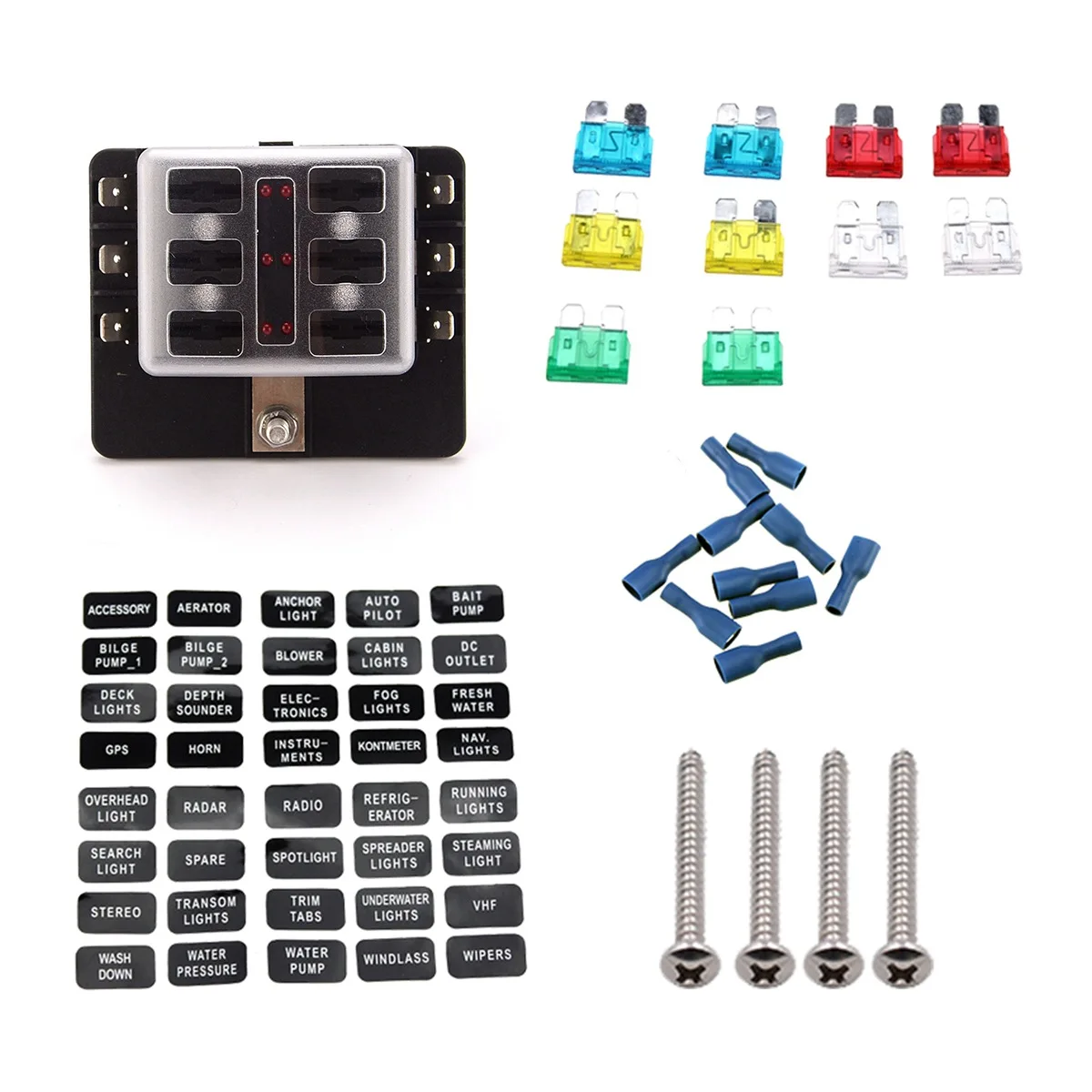

6 Circuit LED Fuse Block Fuse Box with screw terminal with accessories and kits for Car Boat Marine Trike