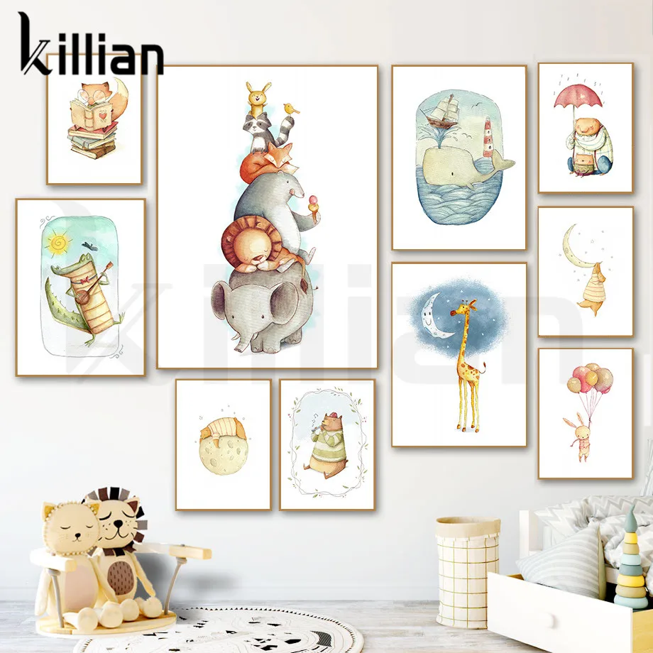 

Animals Nursery Bear Rabbit Fox Giraffe Wall Art Canvas Painting Cartoon Posters and Prints for Baby Kids Bedroom Home Decor