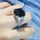 Властная Мужская Синий Циркон Обручальное кольцо Серебряный, покрытый, гравированный крест юбилей кольцо для мужчин и женщин обручальные кольца, ювелирные изделия в качестве подарка