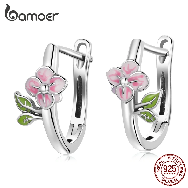 

Женские серьги-кольца bamoer, круглые серьги из стерлингового серебра 925 пробы с розовым цветком вишни, новые трендовые ювелирные украшения