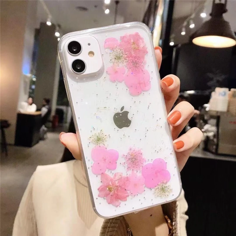 Qianliyao Dried Real Flower Handmade Clear Pressed Phone Case For iPhone 13 12 11 Pro Max X XS Max XR 7 8 Plus SE 2 Soft Cover