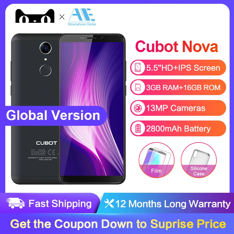 Cubot Nova смартфон с 5 дюймовым дисплеем четырёхъядерным процессором MT6739 ОЗУ 3 ГБ ПЗУ