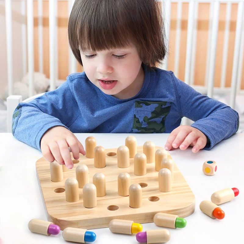 

Educational Board Games Toddlers 2 in 1 Wooden Memory Chess Clip Beads Training Coordination Toys for Preschool Kids