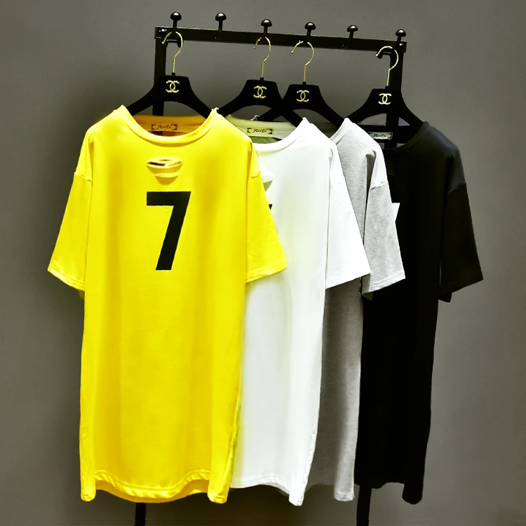 Распродажа отверстие Tumblr Blusa № 7 печатных футболки, новинка, в Корейском стиле; сезон лето Длинные свободные отверстия для женщин Повседневная футболка с рисунком для девочек Рубашка с длинными рукавами