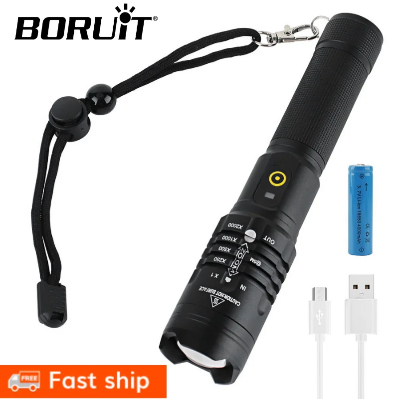 Продажа BORUiT супер яркий светодиодный вспышка светильник с 18650 Батарея 5-Режим масштабирования фонарь Перезаряжаемые Фонари Мощность банк Отдых на п... Скидка BORUiT супер яркий светодиодный вспышка светильник с 18650 Батарея 5-Режим масштабирования фонарь Перезаряжаемые Фонари Мощность банк Отдых на п...