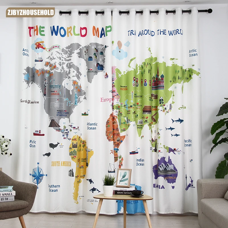 

Cute Cartoon Color World Map Shade Curtains for Living Dining Room Bedroom.