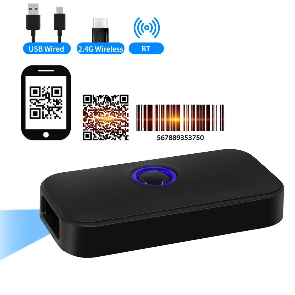 

3-в-1 сканер штрих-кодов, 1D / 2D / QR портативный считыватель штрих-кодов, поддержка Bluetooth/2,4G, для супермаркета, проводной и беспроводной/USB