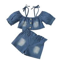 lovely kids baby girls denim outfits summer off shoulder spaghetti straps short sleeve crop tops with elastic waist shorts