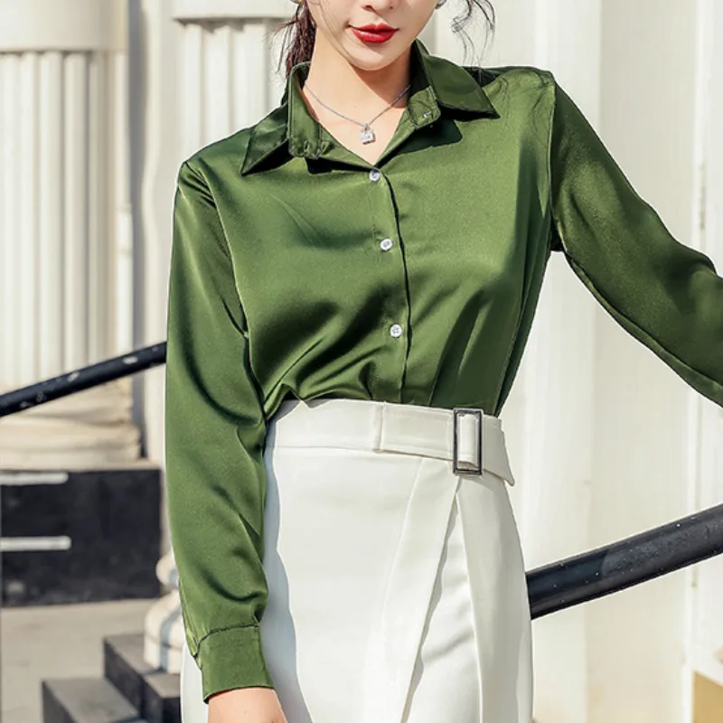 Весна 2020 длинный рукав отложной воротник офисная работа OL женские Атласные