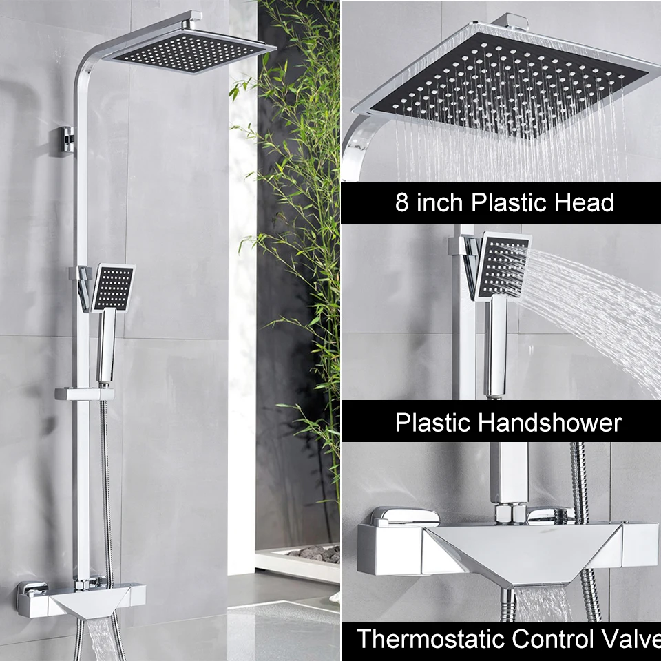 Chrome Shower Set Хромированный смеситель для душа, термостатический смеситель для ванной, смеситель для душа, 8 дюймов, душевой набор, термостат для ванны, душевой кран, Черный кран - Цвет: Chrome Shower Set