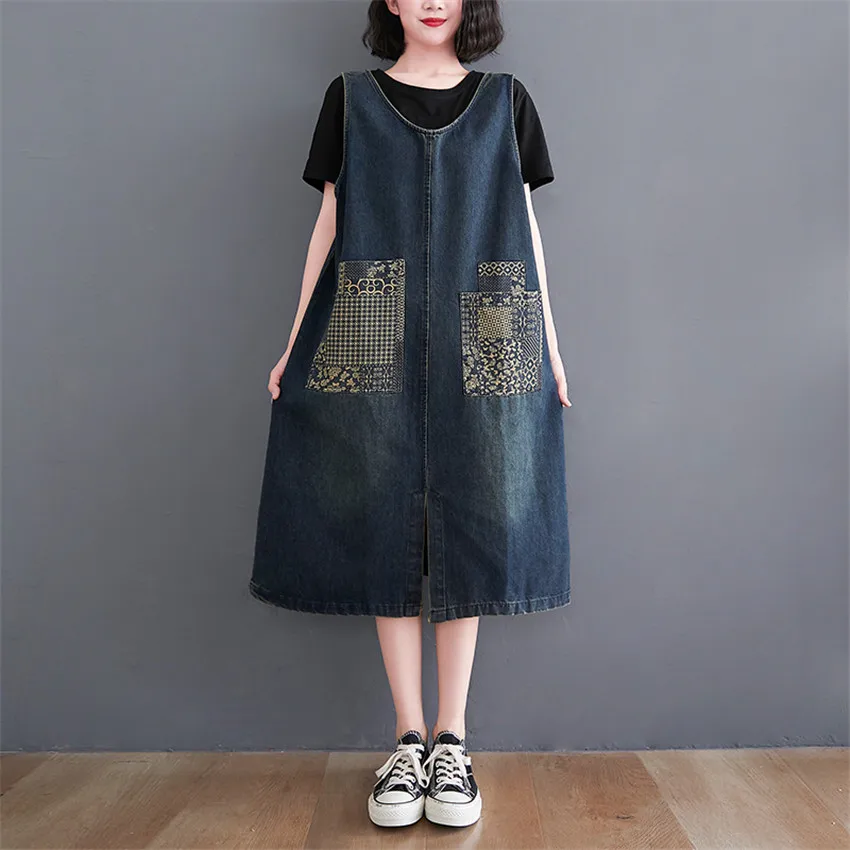 2021 Summer Casual Loose Jeans Dress Sleeveless Dress Women Print Washed Vintage Oversized Dresses Robe Jeans Femme