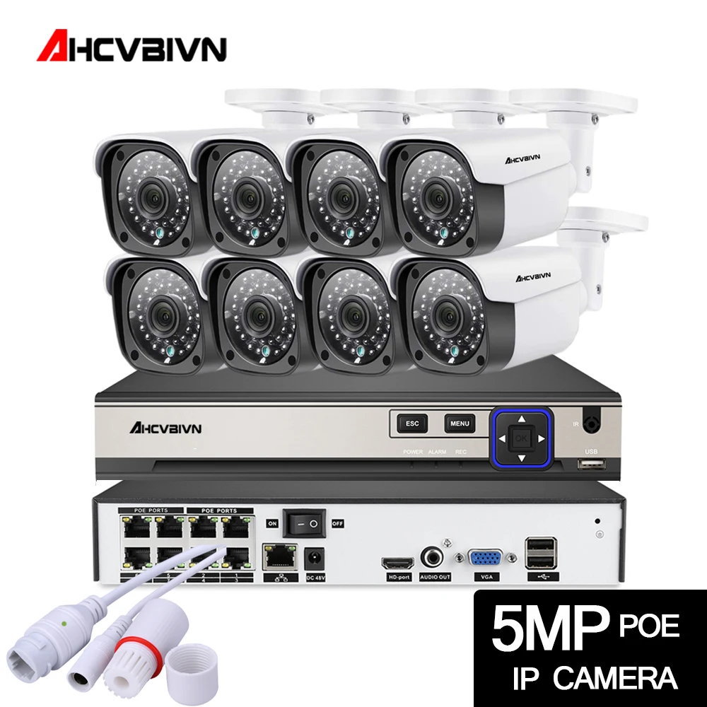 AHCVBIVN POE CCTV камера безопасности NVR 8CH 5MP система 48 в DC12V 36 шт. ИК светодиодный 3,6 мм ip-камера водонепроницаемый монитор ночного видения комплекты