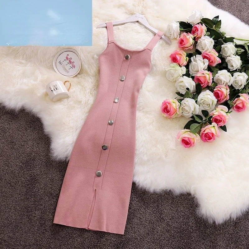 

Spring Summer Knitted Midi Dress Button Stretch Solid Square Collar Bodycon Vestidos Slim Party Sexy Dress Suspender Sleeveless