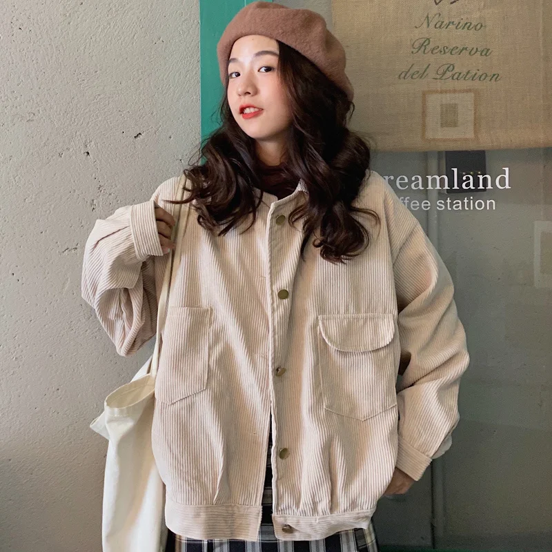 

Vintage Corduroy Coat Women's Autumn Loose Korean Style Fashion Retro Style Casual Workwear Jacket Rac