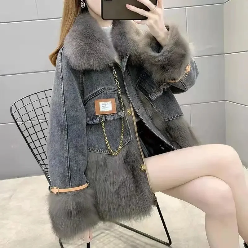 2022 Popular Autumn Winter New High-End Imitation Fox Fur Jacket Female Denim Fashion Stitching Parker Down Cotton Jacket Spring