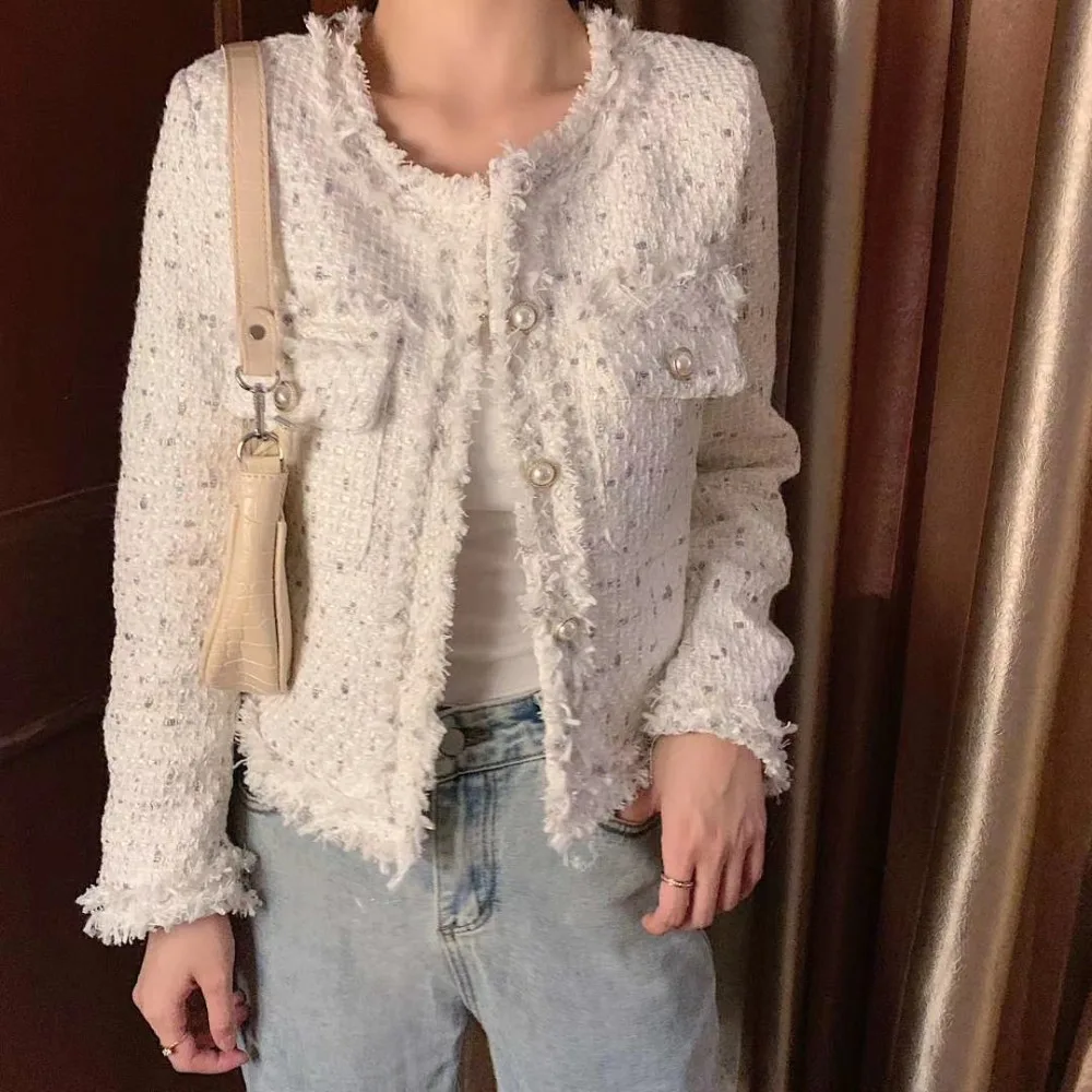 

Cotday O Neck Double Breasted Tweed Button Small Fragranc Korean Short White 2020 New Women High Quality Women Elegant Coat