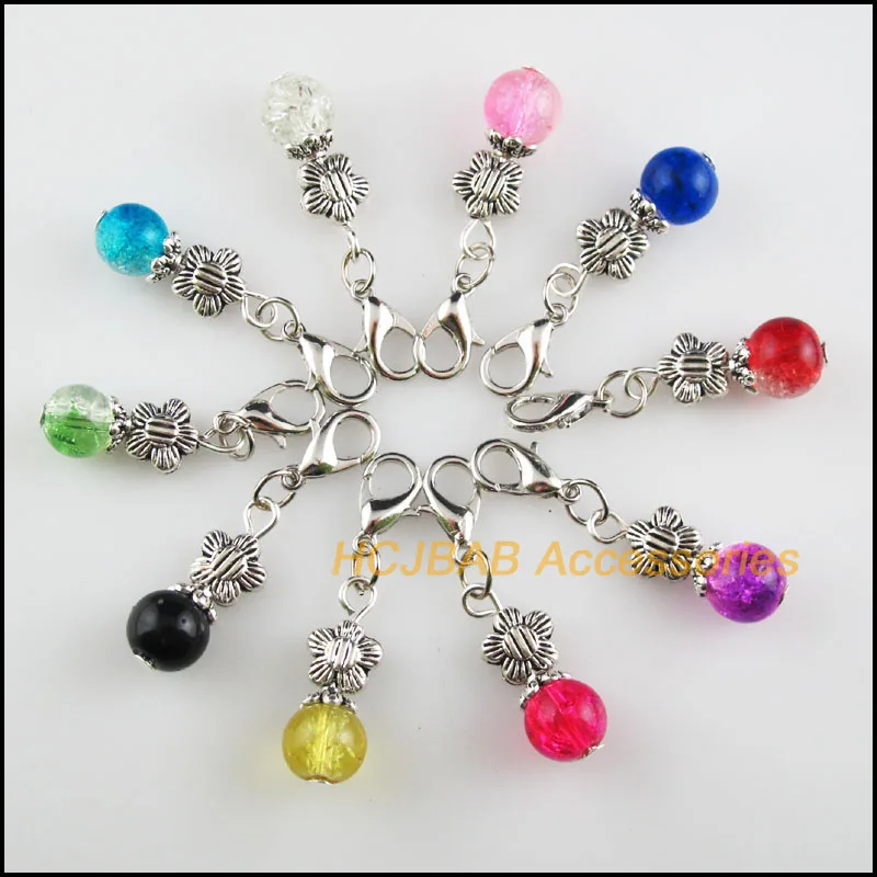 

10Pcs Tibetan Silver Tone Star Retro Mixed Shivering Glass 8x22mm With Lobster Claw Clasps Charms