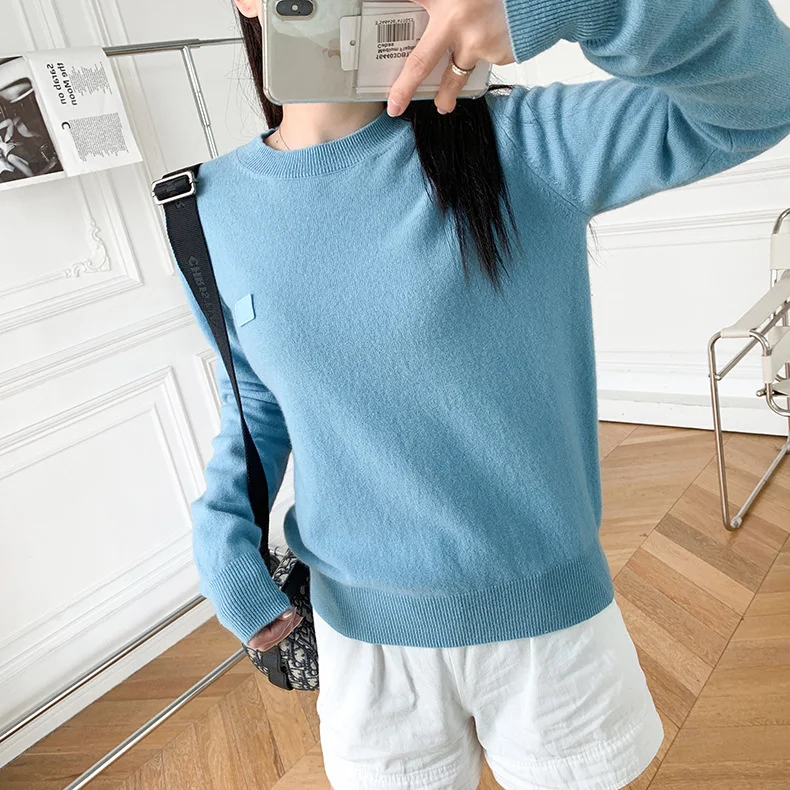 

Square Smiley Decor Women O-Neck Knit Sweater 2021 Early Autumn Long Sleeve Ladies Jumper Knitwear Female Pullover Tops