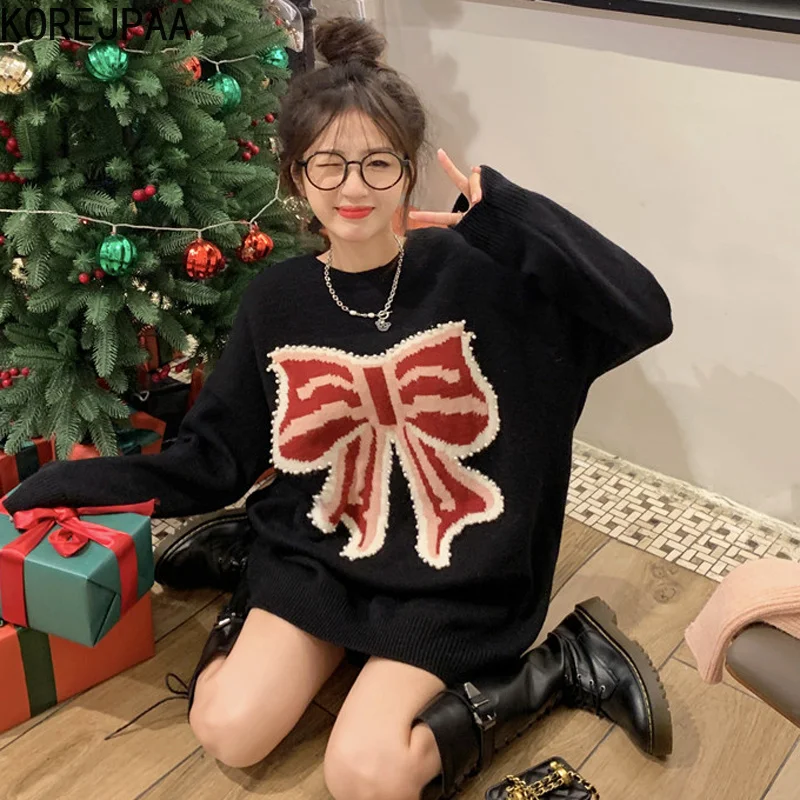 

Korejpaa Lazy Wind Pullover Sweater Women Winter 2021 New Sweet Bow Printed Christmas Long Sleeve Sweaters O-neck Knitwear Tops