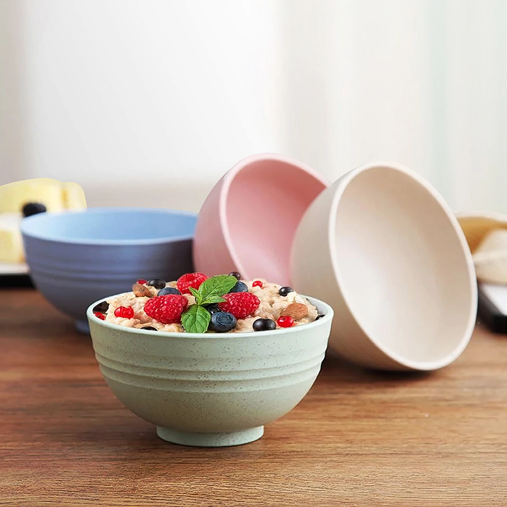 

4 PCS Bowls And Spoons 400ml Unbreakable Wheatgrass Fiber Lightweight Bowl Environmentally Friendly And Reusable